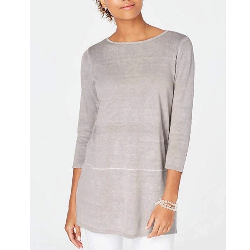 J. JILL Linen Sweater Tunic PURE JILL Grey Gray Long 3/4 Sleeve Small Boat Neck
